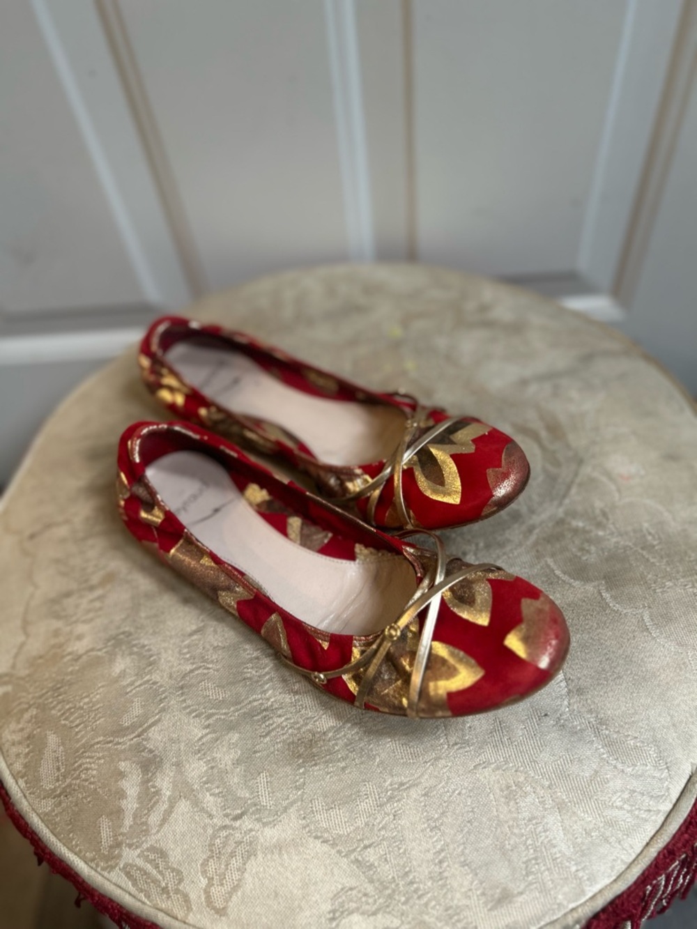 Heyraud Metallic  gold red vintage French ballet flats Sz 37.5 made in France